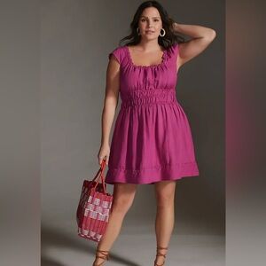 Anthropologie Smocked-Waist Linen Mini Dress XL Milkmaid Boho Ruffle Feminine